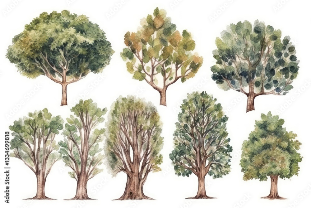 Poster elegant watercolor collection of diverse deciduous trees with varying shapes and foliage, isolated o