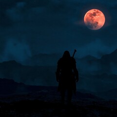Fototapeta premium lone warrior under red moon in somber landscape