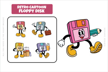 Set of Traditional Floppy Disk Cartoon Illustration with Varied Poses and Expressions