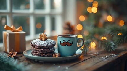 Fototapeta premium Cozy Christmas scene cocoa, cookies, gift, lights