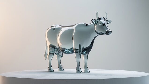 there is a glass cow that is standing on a gray surface