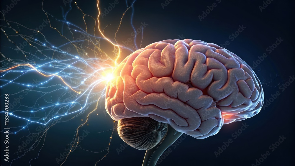 Poster brain and neural network: an illuminated human brain, with a network of neural pathways and electric