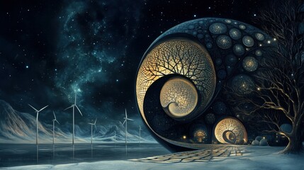 Surreal Landscape with Spiral Forms and Wind Turbines at Night
