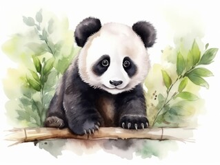 Naklejka premium Minimalistic Watercolor Illustration of a Panda with Border Drawing in Watercolor and Graphic Elements
