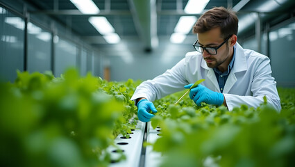 Professional agriculture scientist researching organic vegetable plants in laboratory greenhouse developing smart technology for hydroponic growth in indoor vertical farming. concept as Professional a