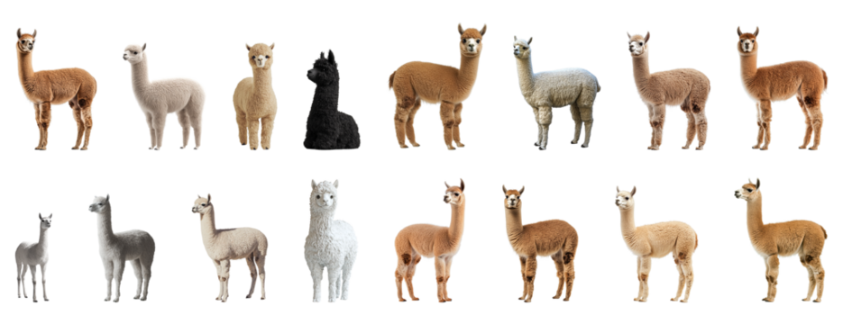 Alpaca, llama, vicuña, guanaco, South American camelids, variety of coat colors, standing poses, side views, no background, realistic illustrations, farm animals, fiber-producing livestock