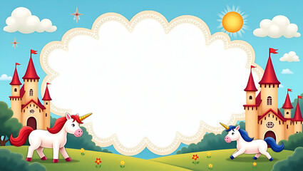 Obraz premium Whimsical International Children's Book Day Frame: Enchanting Fairy Tale Castles and Unicorns with Space for Text - Perfect Photo Stock Concept for Magical Storytelling!