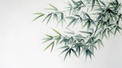 Obraz premium Elegant watercolor painting depicting a bamboo branch with gentle green leaves, creating a serene and minimalist aesthetic on a white background