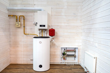 Heating boiler tank. Room with heating equipment. Gas boiler technologies. Heating system country...