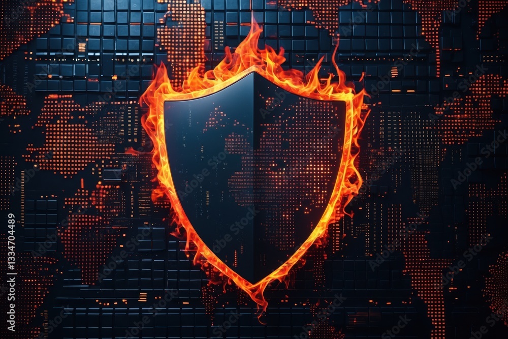 Poster a shield icon engulfed in flames, set against a digital background with a world map design. the atmo