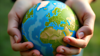 Hands encircling globe symbolizing protection Earth Day concept green energy ESG renewable sustainable resources care concept as A group forms a circle around a model Earth reflecting unity in green i
