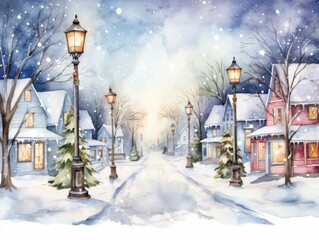 Minimalistic Watercolor Illustration of a Tranquil Painting of a Small Cozy Town with Lit Streets