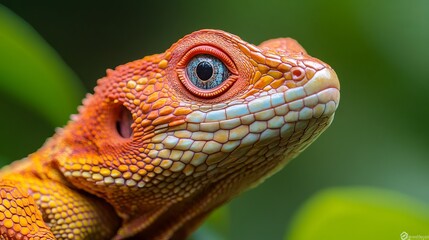 Obraz premium Brightly colored lizard perched on foliage highlighting its vibrant scales in a lush environment