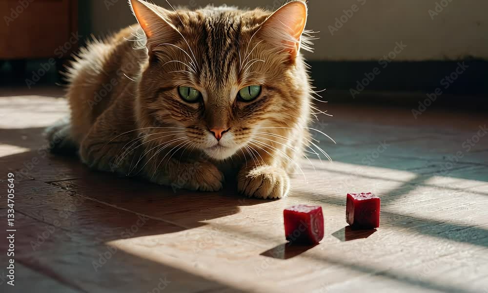 Poster a curious cat gazes at two red objects on the floor, bathed in sunlight.