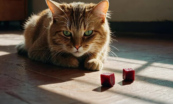 A curious cat gazes at two red objects on the floor, bathed in sunlight.