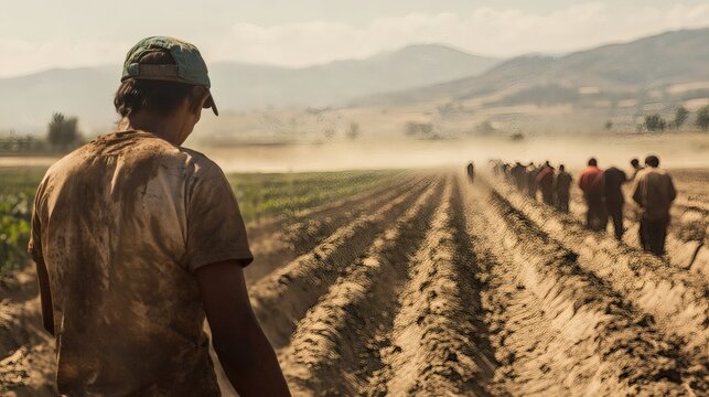 A field worker observes the agricultural harvesting process in the distance
