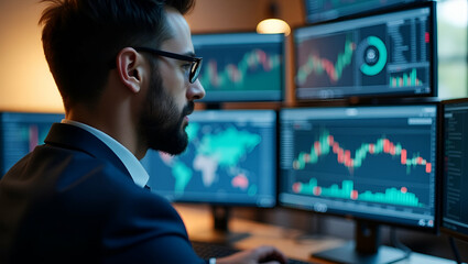 Flat Successful trader with back view bearded stock market broker in eyeglasses analyzing data and graphs on multiple computer screens in modern office. concept as Successful trader with back view bea
