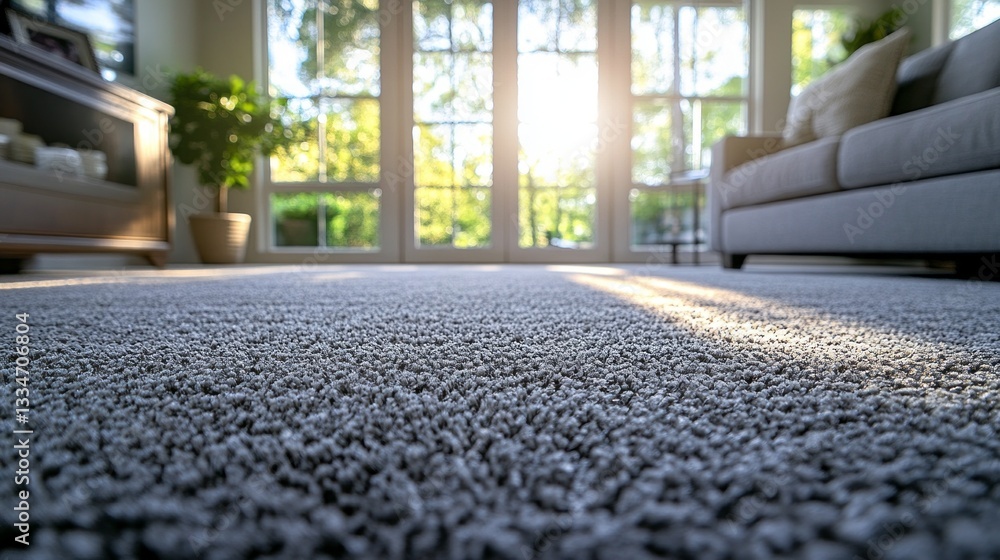 Poster warm sunlight filters through large windows, illuminating a soft carpet in a cozy living space. the 