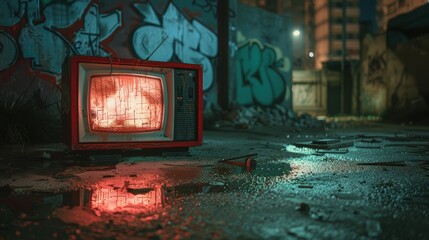 Gritty Urban Nightscape with Graffiti and Retro TV on Neon-Lit Sidewalk for Edgy Design Concepts