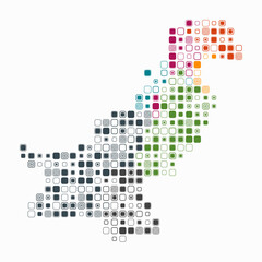 Pakistan, shape of the country built of colored cells. Digital style map of Pakistan on a white background. Large size rounded square blocks. Modern vector illustration.