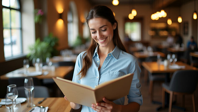 Smiling Young woman in a restaurant with the menu in hands Young Woman Choosing from a Restaurant Menu concept as Smiling woman choosing from restaurant menu symbolizing leisure modern dining and deci