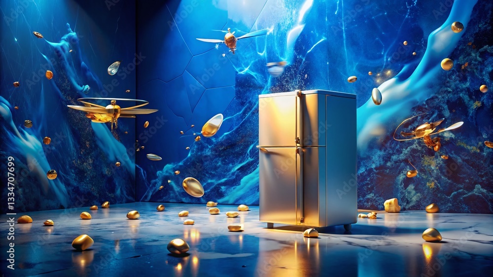 Poster surreal drone shot: frozen petals & floating 3d objects on marble