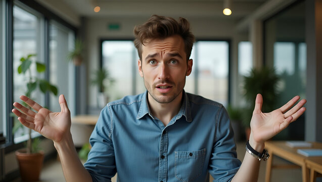 Puzzled Young Man with Arms Outstretched in Modern Setting: Capturing Confusion and Frustration in Stock Photo with Empty Space for Text