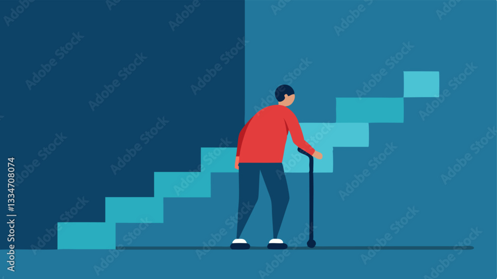 Poster missing ramps a scene showing a person using crutches approaching a flight of stairs with no wheelch
