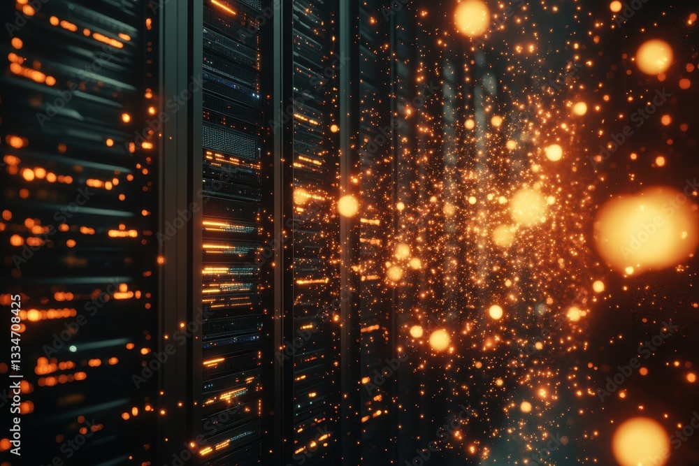 Poster data servers illuminated by glowing particles in a futuristic digital environment