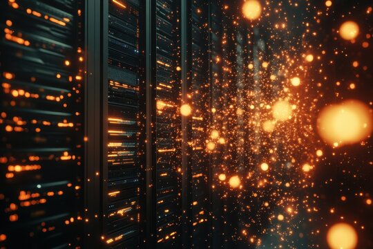 Data servers illuminated by glowing particles in a futuristic digital environment