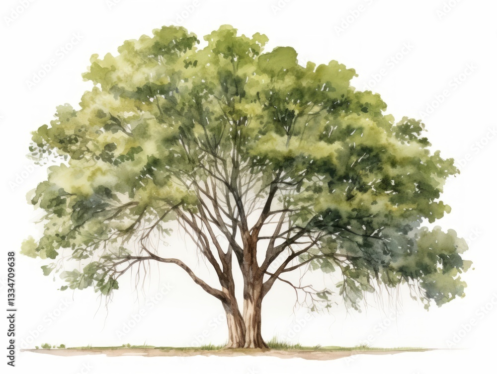 Aufkleber minimalistic watercolor illustration of ash tree with white background and architect side view