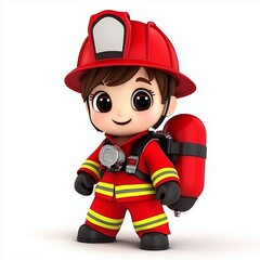 Cute Cartoon Firefighter Illustration Child in Red Uniform