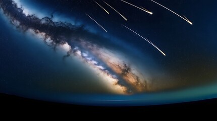 mountainous starry night sky, vibrant Milky Way galaxy with shooting stars