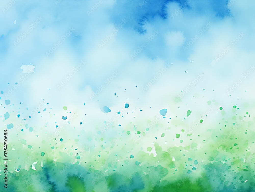 Poster minimalistic watercolor illustration of blue and green background with paint splashes and blobs