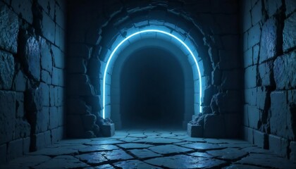 A stone corridor with uneven blocks and a cracked floor features an arched doorway illuminated by a glowing blue neon light, blending old and modern elements.