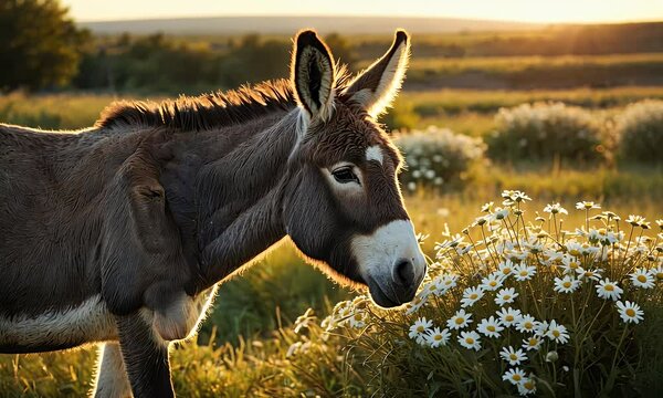 A donkey grazing near flowers in a sunlit field.