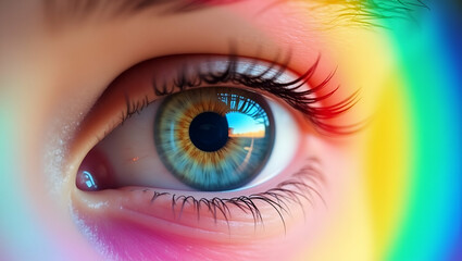 Fototapeta premium Eye and rainbow border frame with copy space for World Sight Day colorful vision concept as Eye intertwined with rainbow elements forming a border with copy space for World Sight Day colorful vision a