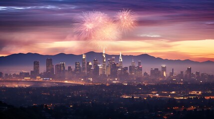 Obraz premium Los Angeles Skyline at Dusk with Fireworks