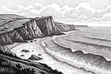 Fototapeta premium Coastal cliffs and ocean waves hand drawn Coastal landscape with cliffs and ocean waves in a detailed illustration.