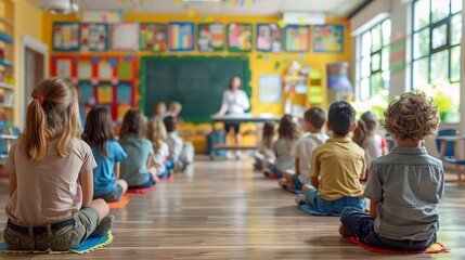 Elementary school children attentively listening to their teacher during a lesson in a bright and colorful classroom with yellow walls, sitting on the floor mats facing forward in an organized row