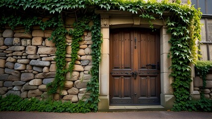Fototapeta premium A rustic wooden door covered in ivy, set in an ancient Irish stone wall