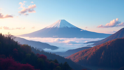 Fototapeta premium Flat Beautiful landscape of mountain fuji in japan concept as Stunning Mount Fuji landscape showcasing natural beauty iconic scenery and serene environment in Japan in Simple flat cute vector illustr