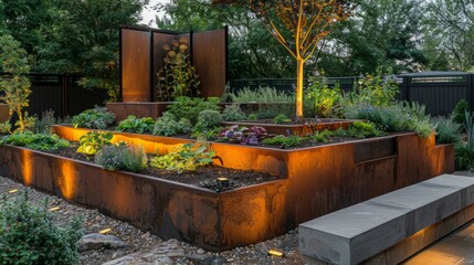 Elevated garden beds with weathered steel edging, lush plants, integrated lighting, and stone bench at dusk enhance backyard landscapes