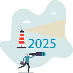 Naklejka premium New year 2025 business outlook, planning or strategy to success, vision or forecast, year begin anticipation, improvement or progress .character for design