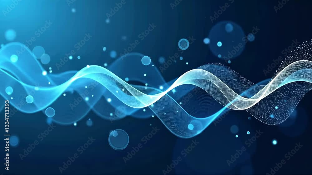 Poster blue wave with many bubbles and dots. the bubbles and dots are scattered throughout the wave, creati