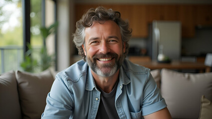 Flat Relaxed 50 year old bearded man sitting on couch at home wearing casual shirt radiating warmth comfort and positivity in modern interior. concept as Middle aged individual gazes calmly at camera 