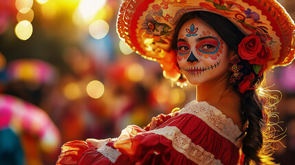 Mexican woman with skull makeup and flowers in her hair celebrating Cinco de Mayo. AI Generated Images