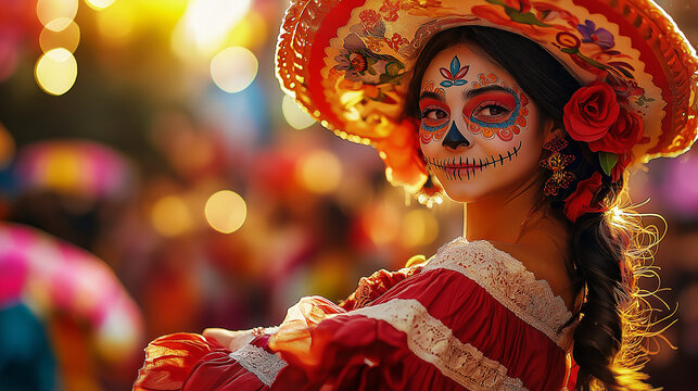 Mexican woman with skull makeup and flowers in her hair celebrating Cinco de Mayo. AI Generated Images