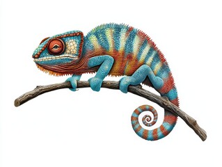 Naklejka premium Vibrant chameleon perched on a branch, showcasing stunning colors and unique patterns, perfect for nature-themed designs.