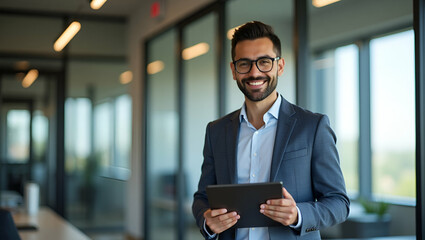 Smiling Professional Latin Male Project Manager in Office: Happy Young Businessman Using Tablet - Simple Flat Vector Illustration of a Smart Entrepreneur at Work